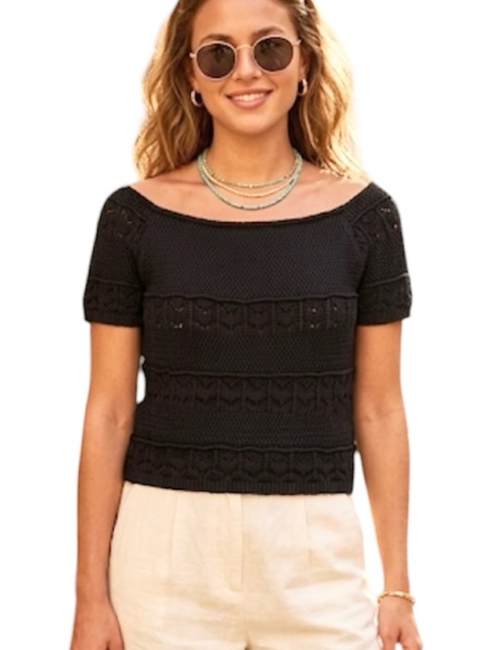New Black Crochet Knit Short Sleeve Sweater Shirt Top Size: Large